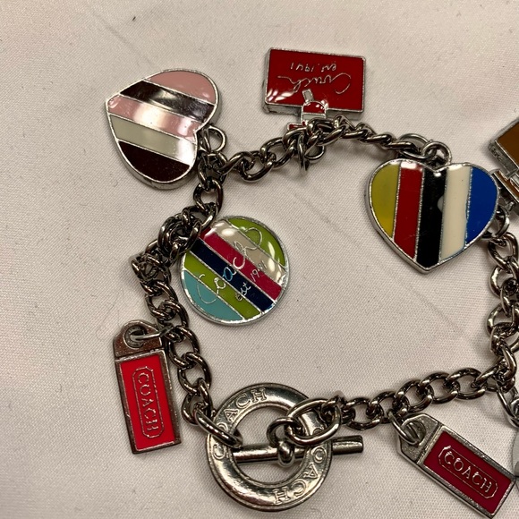 Coach Hearts charm bracelet in silver tone with vibrant, colorful charms. - Picture 5 of 10